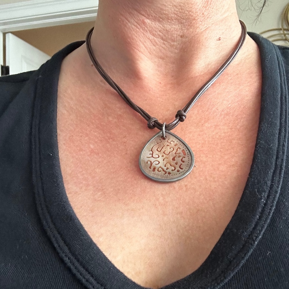 ❤ Silpada Carved Abalone Shell .925 STERLING Leather Necklace